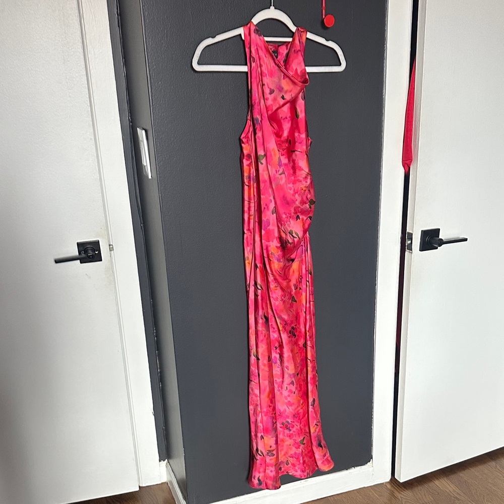 Zara Floral Pink Maxi Dress cowl neck ruffle bottom